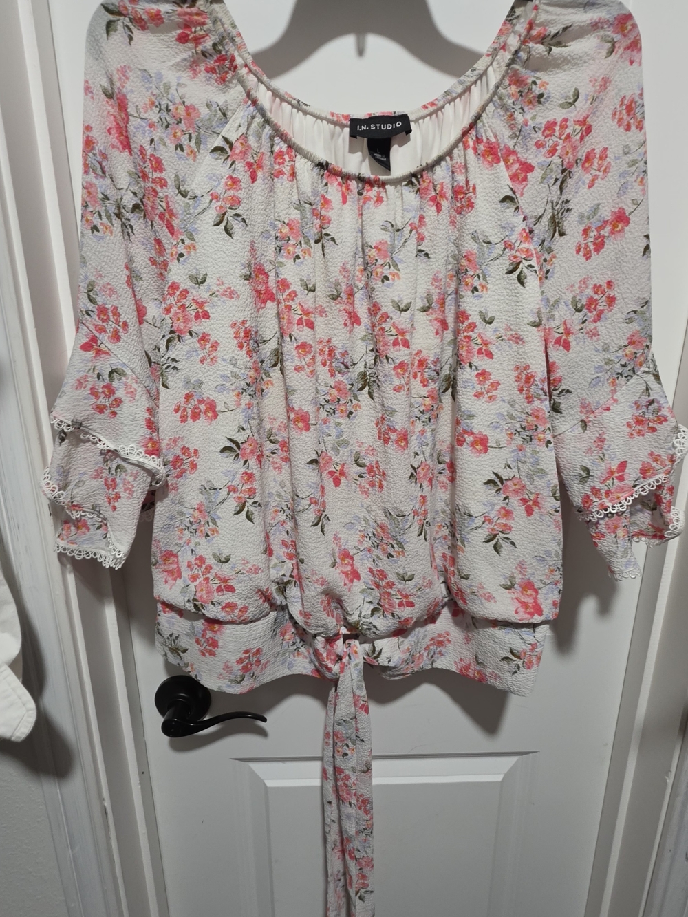 I.N. Studio Cream Floral Tie-Front Blouse